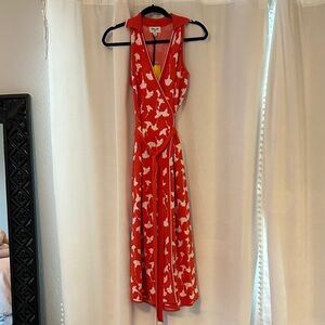 Diane Von Furstenberg Red and White Patterned Midi Dress